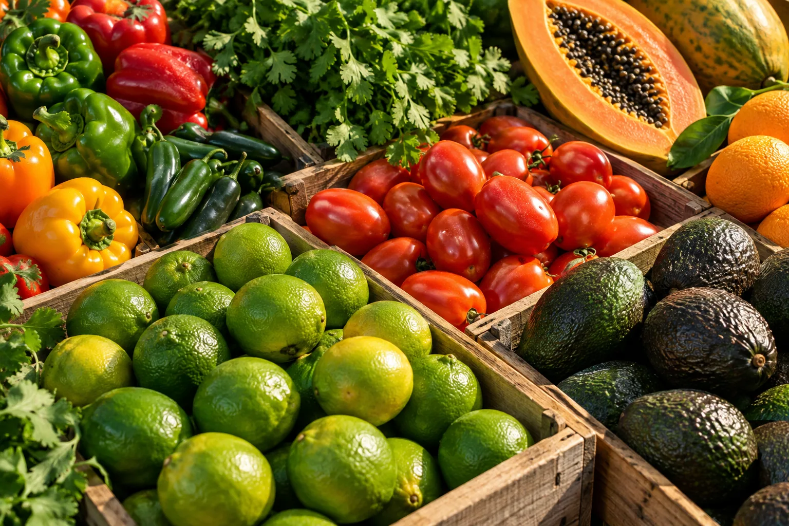 Limes, avocados, tomatoes, peppers, cilantro and papaya arranged in produce crates